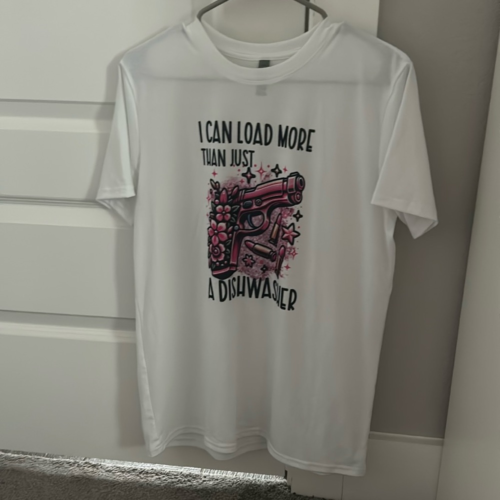 Medium custom women’s T-shirt I can load more than just a dishwasher 🔫